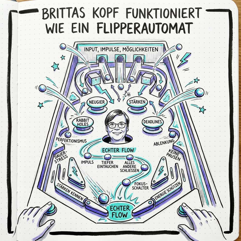 In Brittas Kopf bouncen Ideen, Aufgaben und Impluse hin und her wie in einem Flipper-Automaten! Und weil sie sich dessen bewusst ist, findet sie mit Deep Work intuitiv ihren Flow.