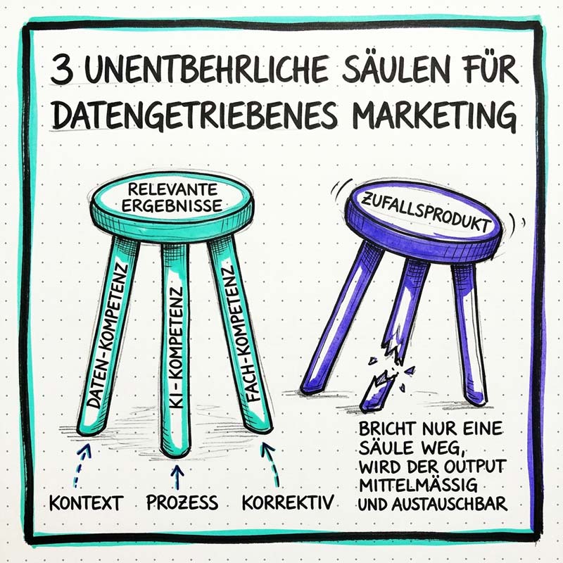 Daten, KI und Fachkompetenz liefern das Fundament für Erfolg im B2B Marketing. Sobald eine Säule wegbricht, verlieren die Assets, die wir mit KI-Tools erstellen, ihre Relevanz. Denn dann fangen wir an